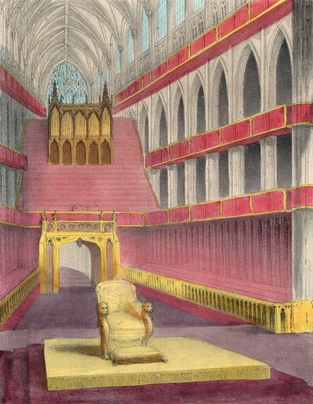 Westminster Abbey, rustad för kröningen av drottning Victoria av English School