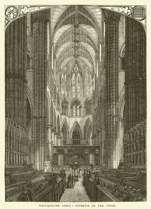 Westminster Abbey, interiör av kören (gravyr) av English School