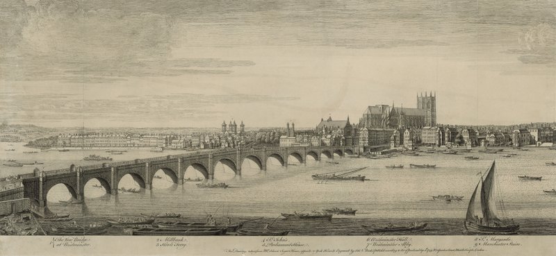 Westminster Bridge, London, tagen från Mr Scheves Sugar House, mitt emot York House av English School