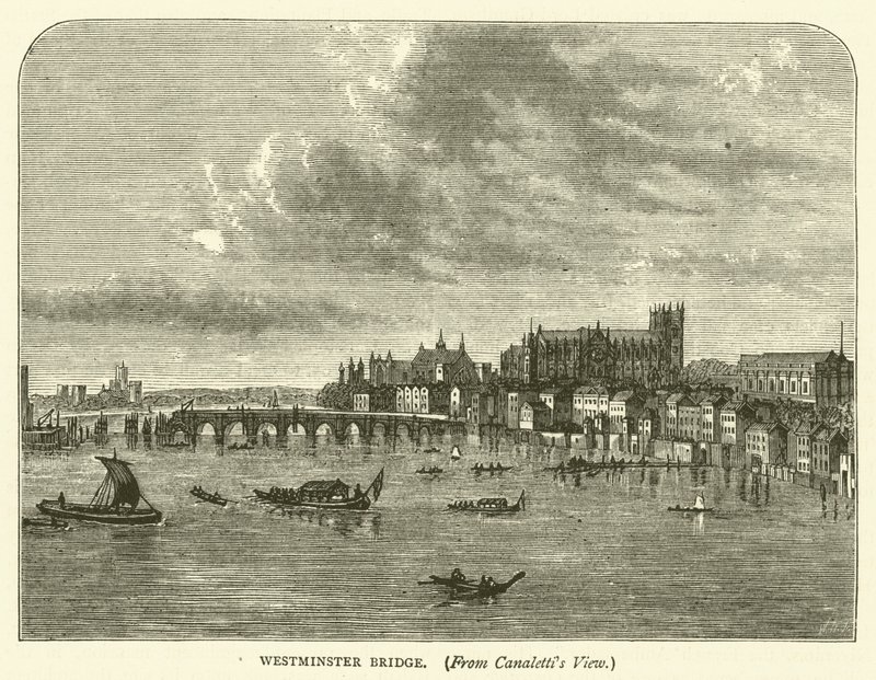 Westminster Bridge, från Canalettis vy (gravyr) av English School