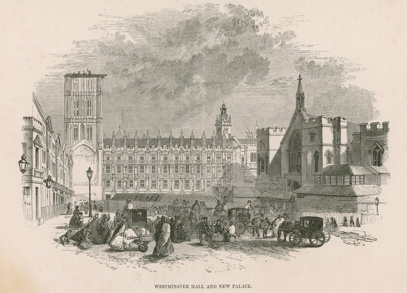 Westminster Hall och nya Palace of Westminster, London av English School