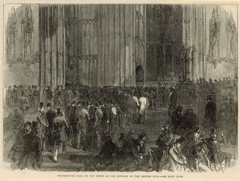 Westminster Hall på natten för uppdelningen på reformpropositionen av English School