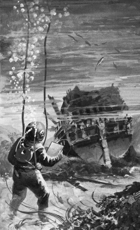 När svenska marinens dykare gick ner fann de Vasa bevarad i förvånansvärt gott skick (litho) av English School