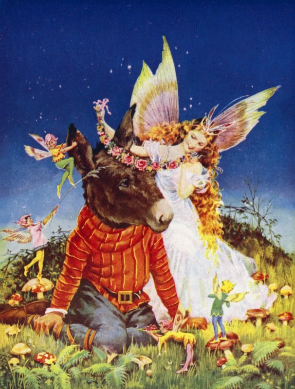 Where is Pease-Bottom, scen från En midsommarnattsdröm, av William Shakespeare (lito i färg) av English School