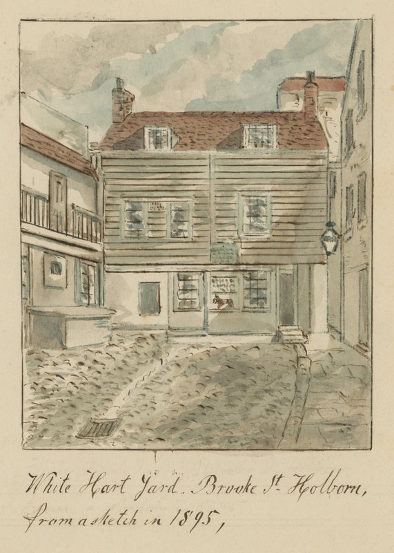 White Hard Yard, Brooke Street, Holborn, London, från en skiss 1895 (wc på papper) av English School