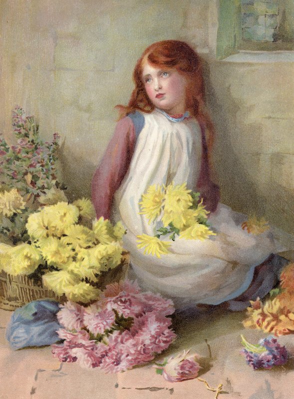 Vem ska köpa? Ung flicka som säljer blommor på gatan (färg litho) av English School