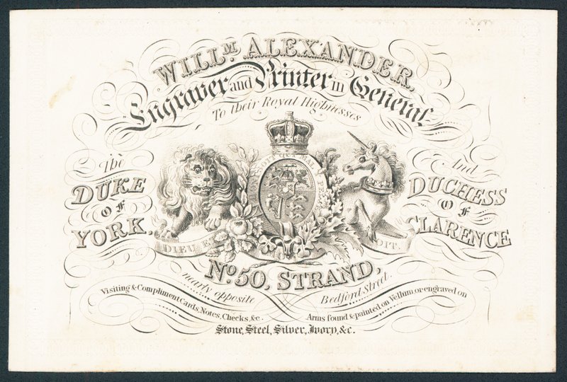 William Alexander, gravör och tryckare i allmänhet till deras kungliga högheter, handelskort av English School