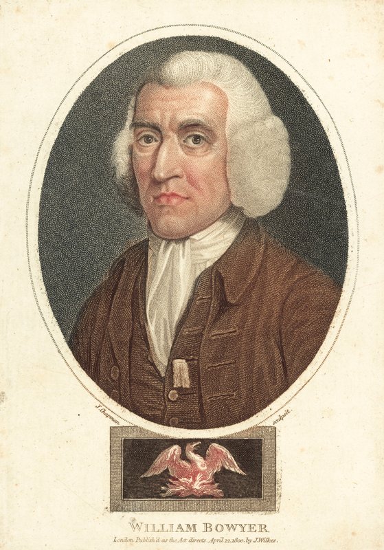 William Bowyer, engelsk tryckare och redaktör (färgad gravyr) av English School