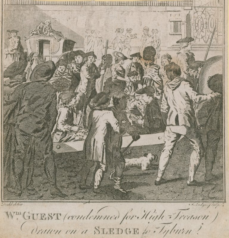 William Guest, dömd för högförräderi, dragen på en släde till Tyburn av English School