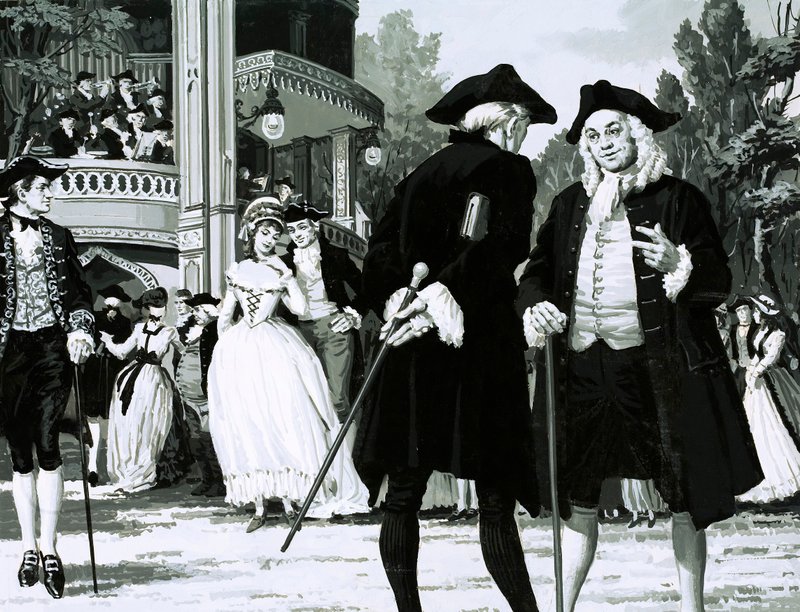 William Hogarth tar en promenad i Vauxhall Gardens (gouache på papper) av English School