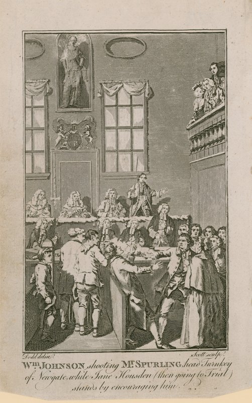 William Johnson skjuter Mr Spurling, huvud nyckelfärdig i Newgate, medan Jane Housden (som då går till rättegång) står fast vid att uppmuntra honom av English School