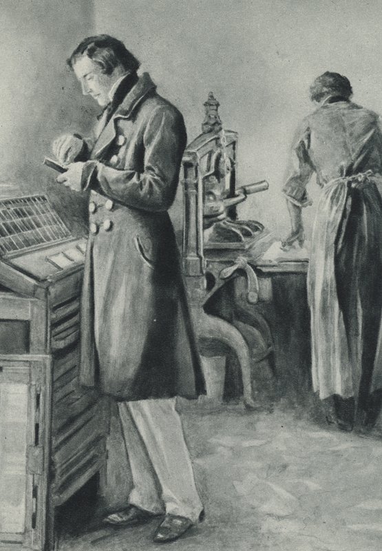 William Lloyd Garrison sätter upp typen för sin tidning av English School