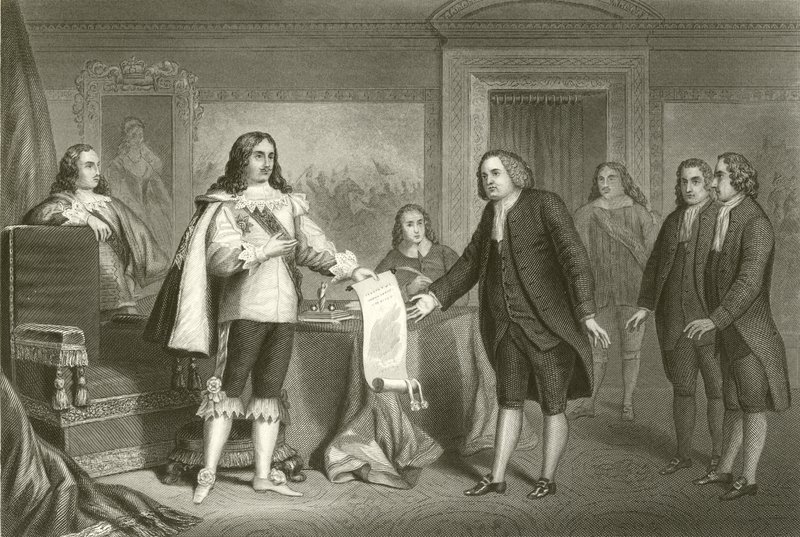 William Penn tar emot Pennsylvanias charter från Charles II av English School
