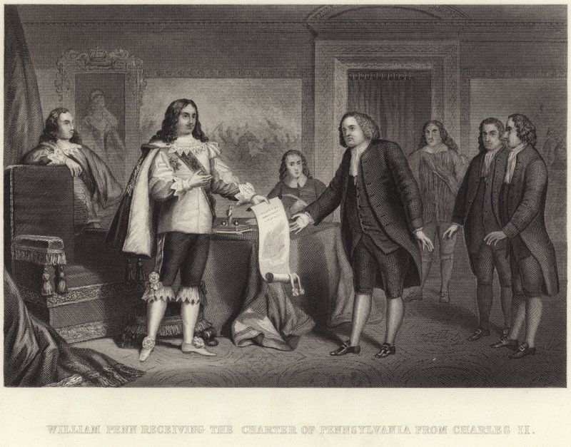 William Penn tar emot Pennsylvanias charter från Charles II av English School
