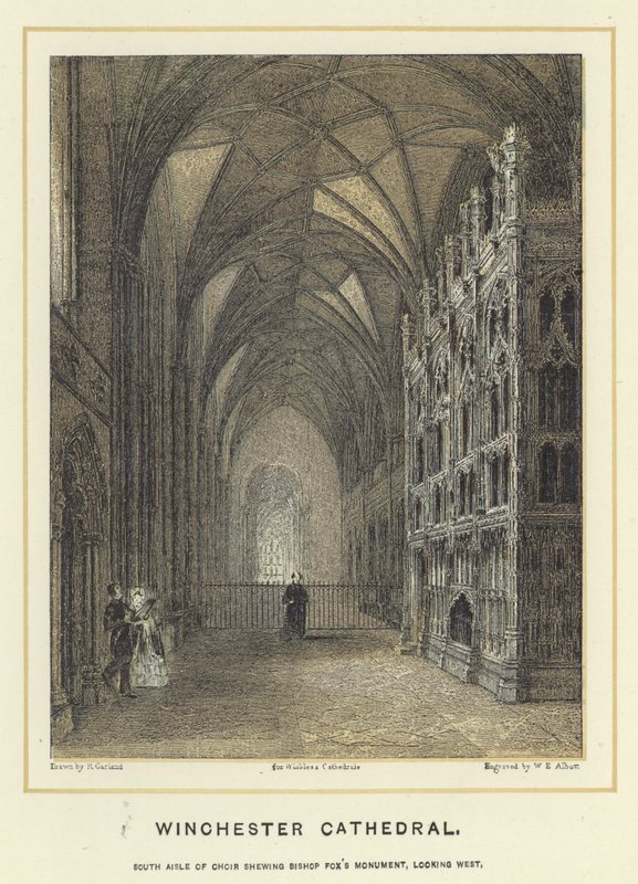 Winchester Cathedral, södra gången i kören som visar Bishop Foxs Monument, tittar västerut av English School