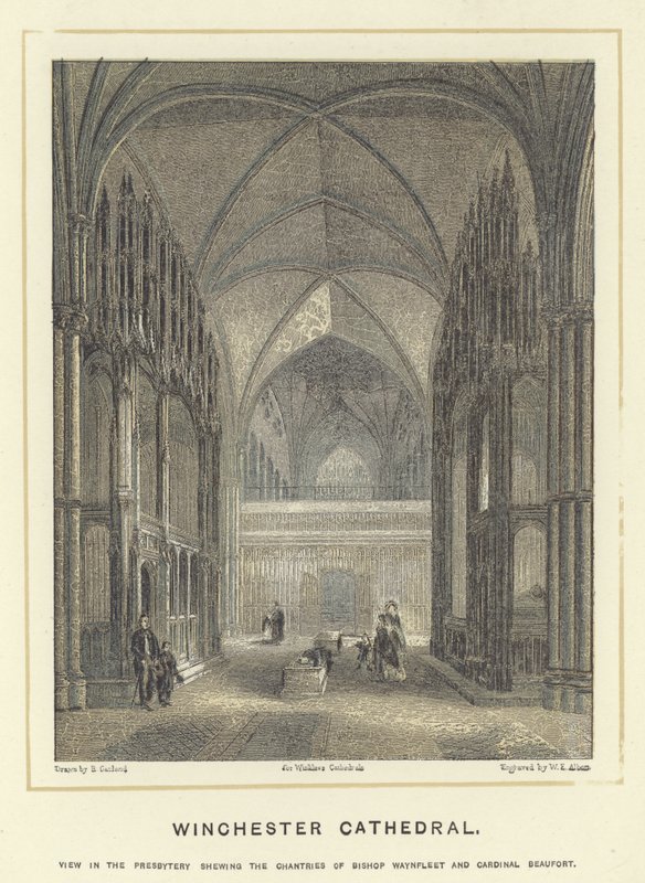 Winchester Cathedral, utsikt i presbyteriet som visar biskop Waynfleets och kardinal Beauforts kantor av English School