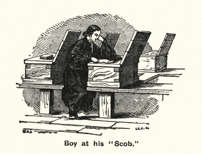 Winchester College: Boy at his "Scob" (gravyr) av English School