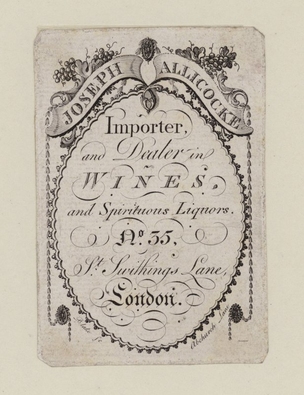 Vinhandlare, Joseph Allicocke, handelskort av English School
