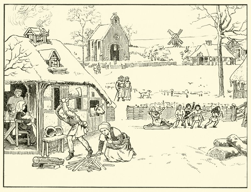 Vinterscen i en by. 14th Cent (bläck på papper) av English School