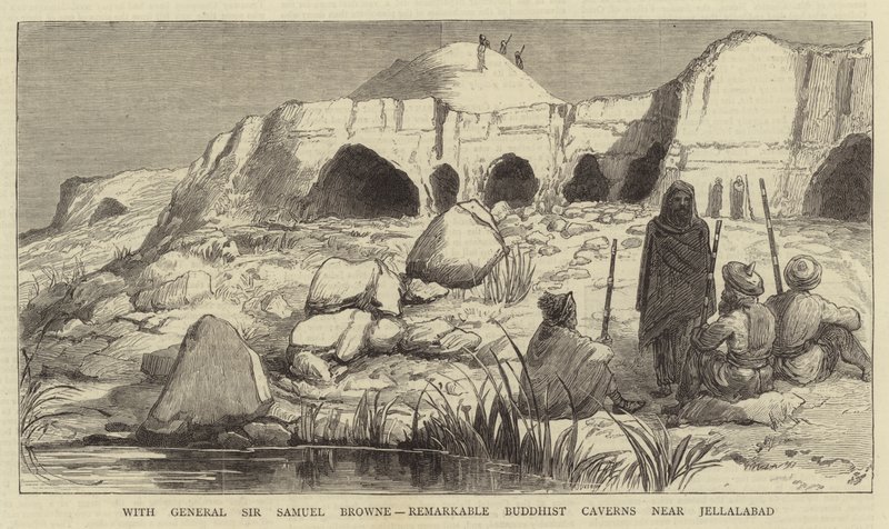 Med general Sir Samuel Browne, anmärkningsvärda buddhistiska grottor nära Jellalabad (gravyr) av English School