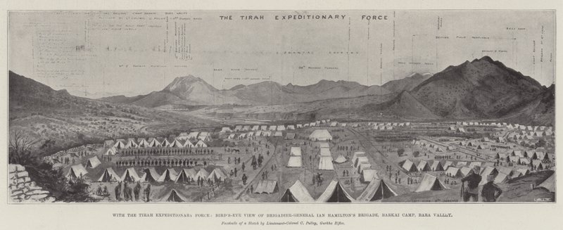 Med Tirah Expeditionsstyrkan, fågelperspektiv över brigadgeneral Ian Hamiltons brigad, Barkai Camp, Bara Valley (litho) av English School