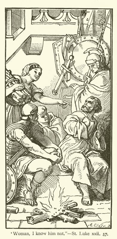 "Kvinna, jag känner honom inte", St Luke, xxii, 57 (gravyr) av English School
