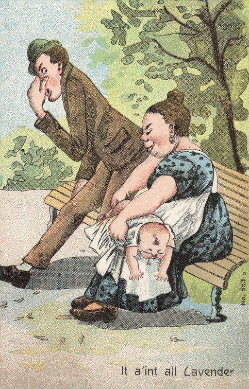 Kvinna som ändrar en baby i parken (färg litho) av English School