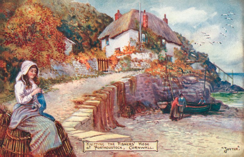 Kvinna som stickar fiskarslang, Porthoustock, Cornwall (färg litho) av English School