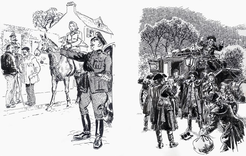 Kvinna till häst med officer plus Highwaymen av English School