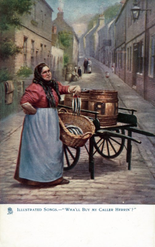 Kvinna som säljer sill från en kärra (färg litho) av English School