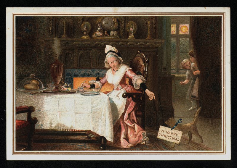 Kvinna som tar te med sin katt, julhälsningskort. (chromolitho) av English School