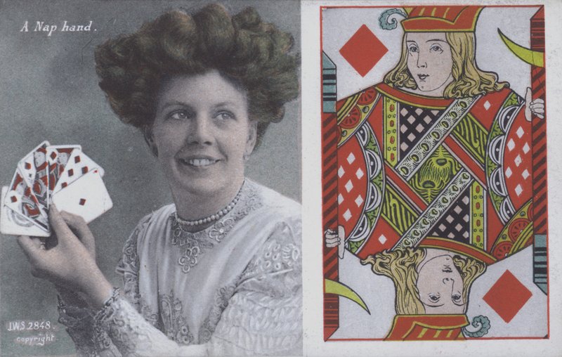Kvinna med spelkort och Jack of Diamonds (färg litho) av English School