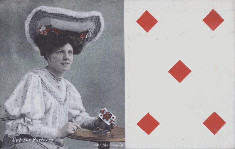 Kvinna med spelkort och de fem av diamanter (färg litho) av English School
