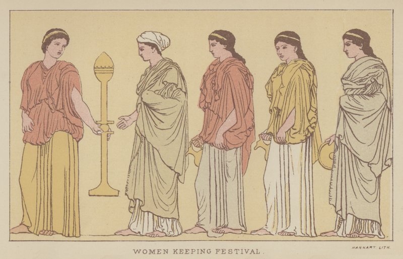 Kvinnor håller festival (färg litho) av English School
