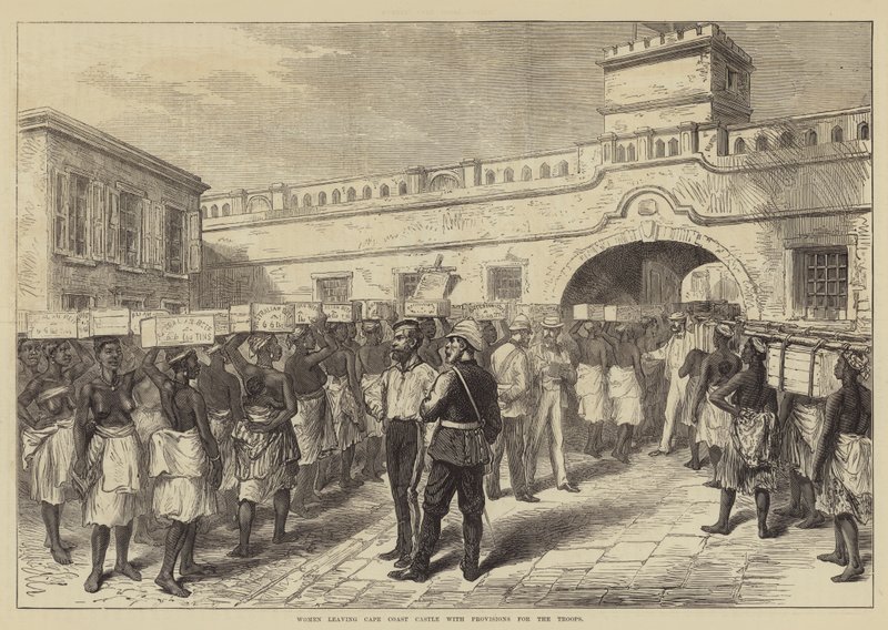 Kvinnor lämnar Cape Coast Castle med proviant till trupperna (gravyr) av English School