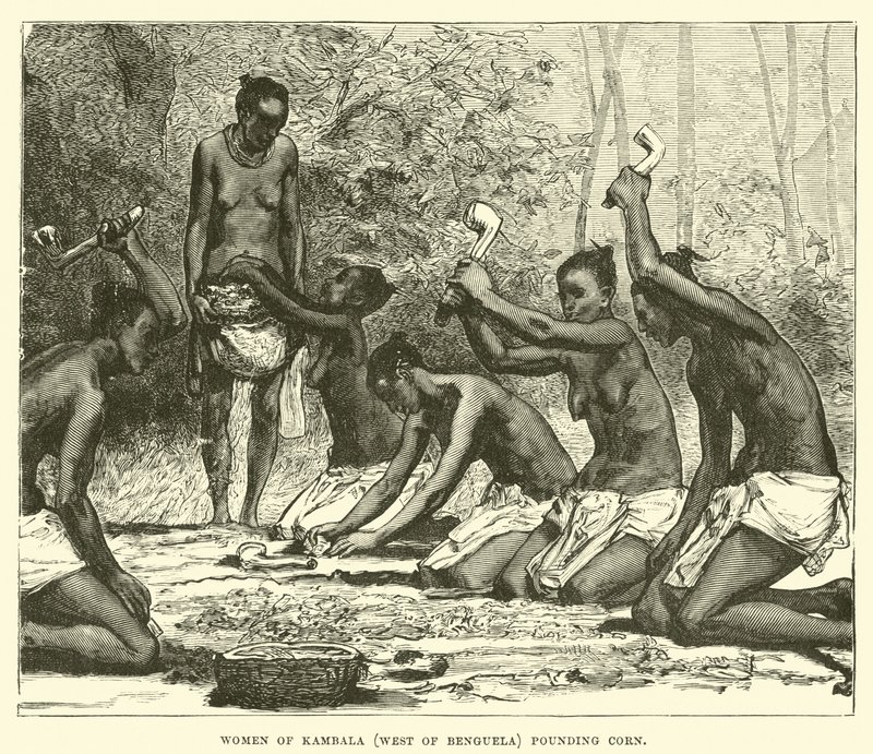 Kvinnor från Kambala (väster om Benguela) dunkar majs av English School