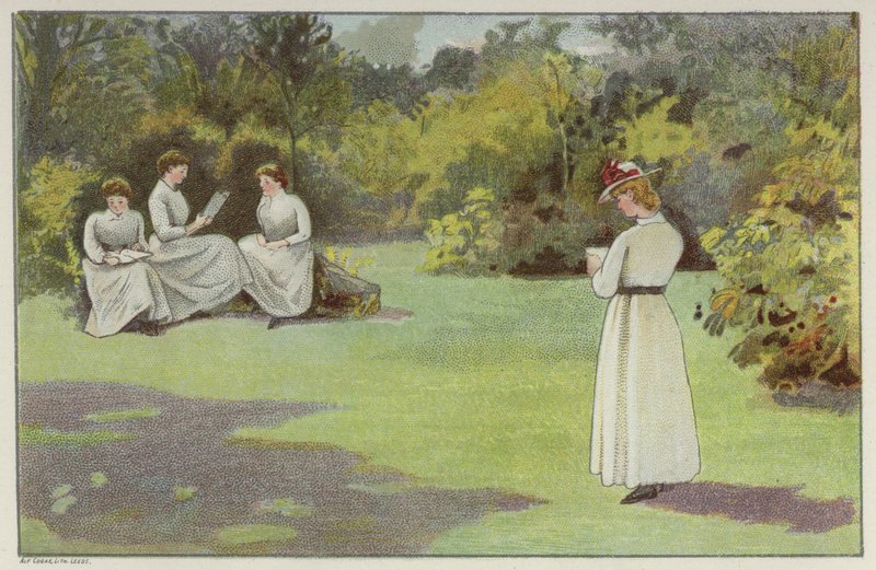 Kvinnor som kopplar av i ett lugnt hörn av Bournville, Birmingham (chromolitho) av English School