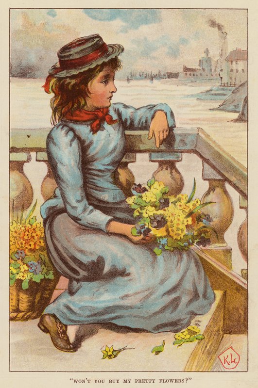 "Vill du inte köpa mina vackra blommor?" (färg litho) av English School