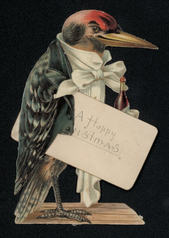 Hackspett klädd som servitör eller butler, julhälsningskort (chromolitho) av English School