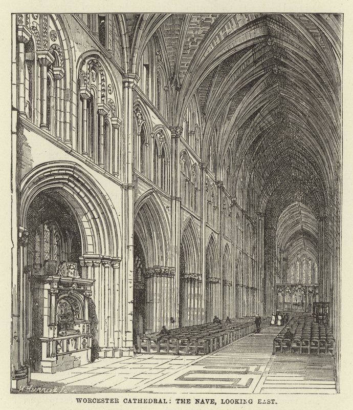 Worcester Cathedral, långhuset, österut av English School