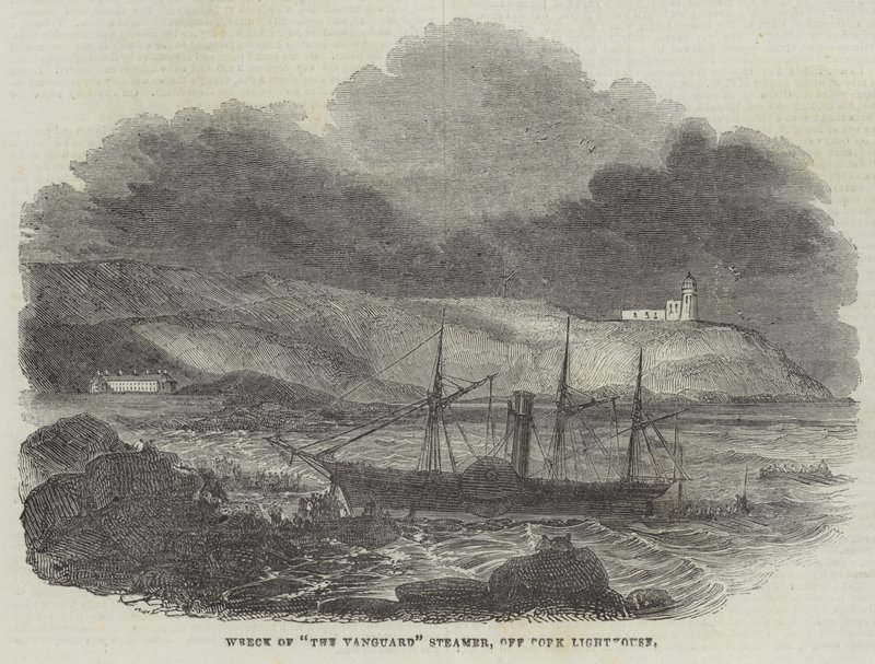 Vraket av "The Vanguard" Steamer, utanför Cork Lighthouse (gravyr) av English School