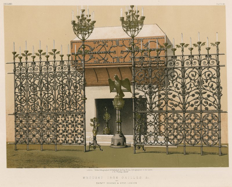 Smidesjärnsgaller och c av Mrs Benham and Sons, London av English School