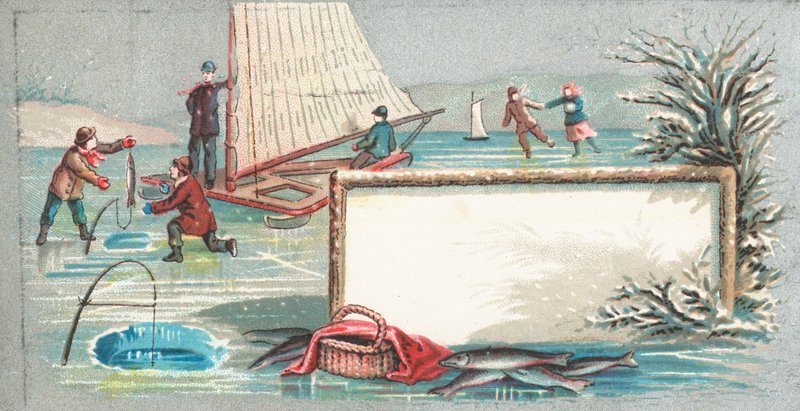 Yachting, fiske och skridskoåkning på is, julkort av English School