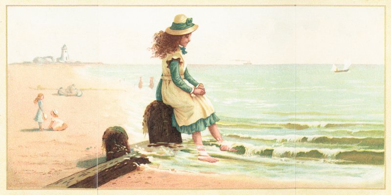 Ung flicka som paddlar fötter i havet, kort av English School