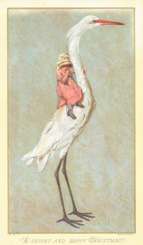 Ung flicka som håller på Stork, julkort av English School