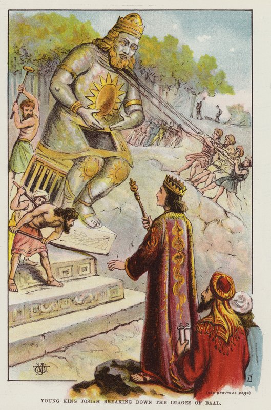 Unge kung Josiah bryter ner bilderna av Baal (färg litho) av English School