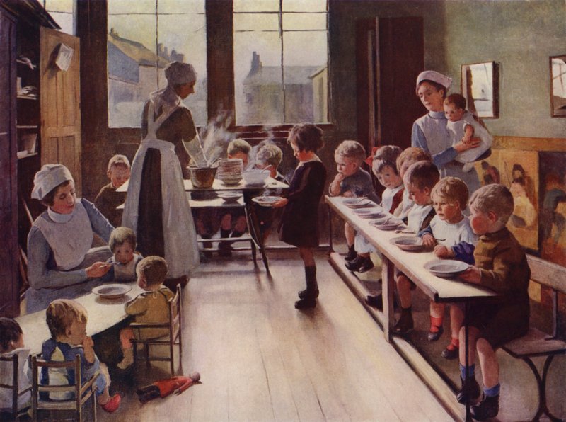 Små barn vid måltid i en dagis (färg litho) av English School