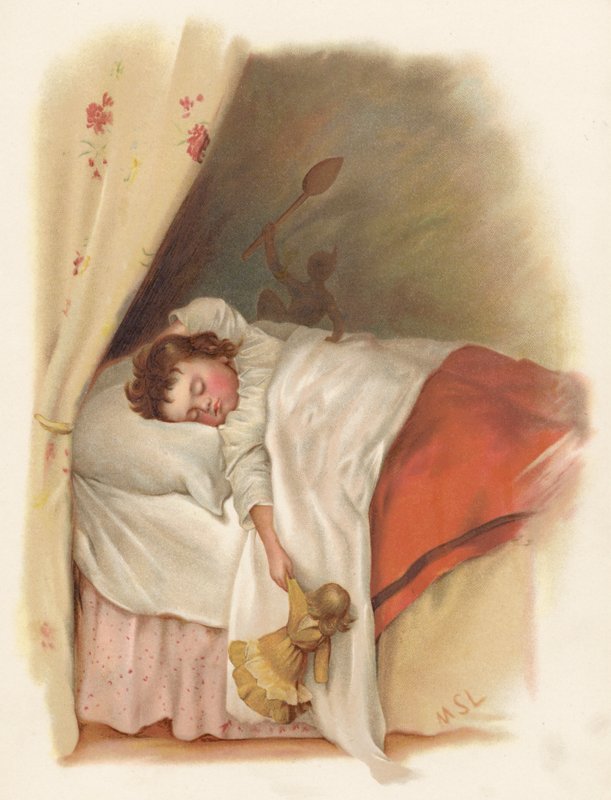 Ung flicka som sover (färglitografi) av English School