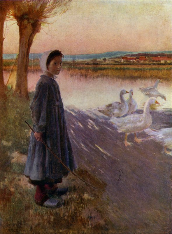 Ung flicka som sköter en flock gäss (färg litho) av English School