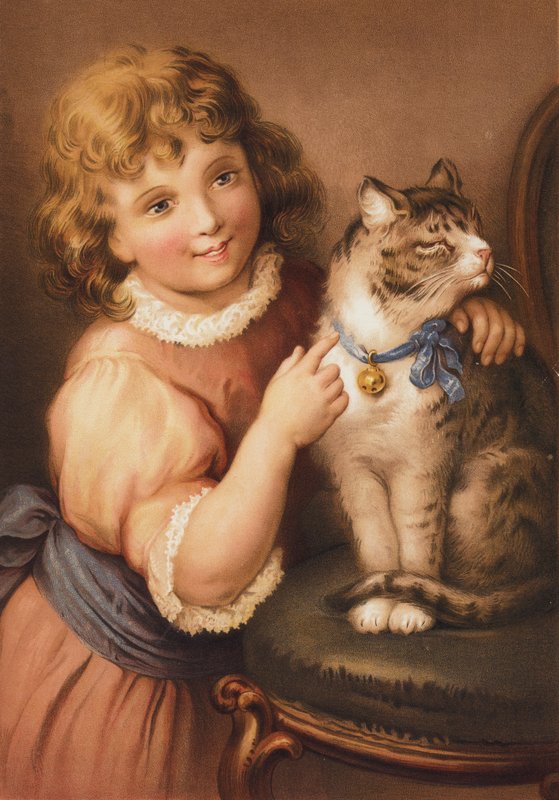 Ung flicka med en katt (chromolitho) av English School